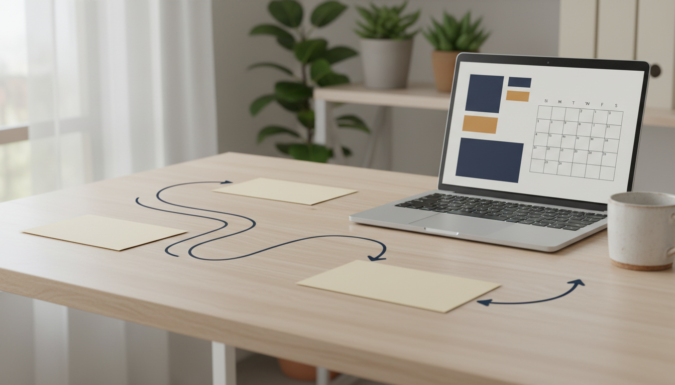Illustrative email welcome sequence planning desk with three blank email cards and an abstract scheduling view.