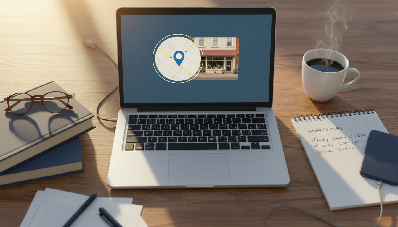 Illustrative small business listing review with map pin, storefront photograph and checklist; not a real business profile.